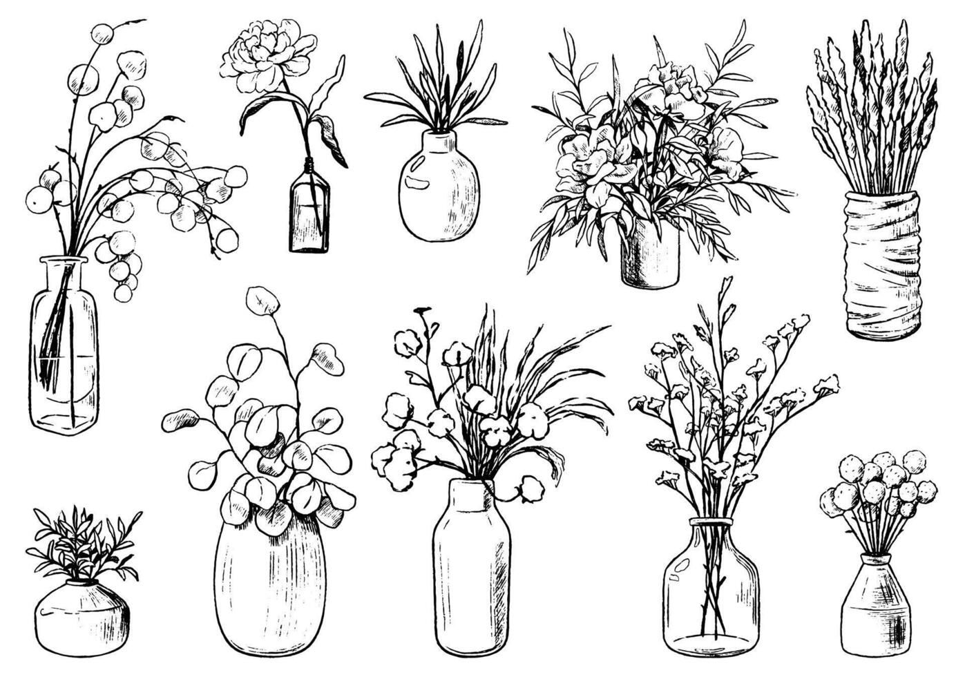 Collection of varied vases, bottles and jars of flowers and plants. Hand drawn illustration vintage botanical set. Decorative floral elements isolated in white. vector