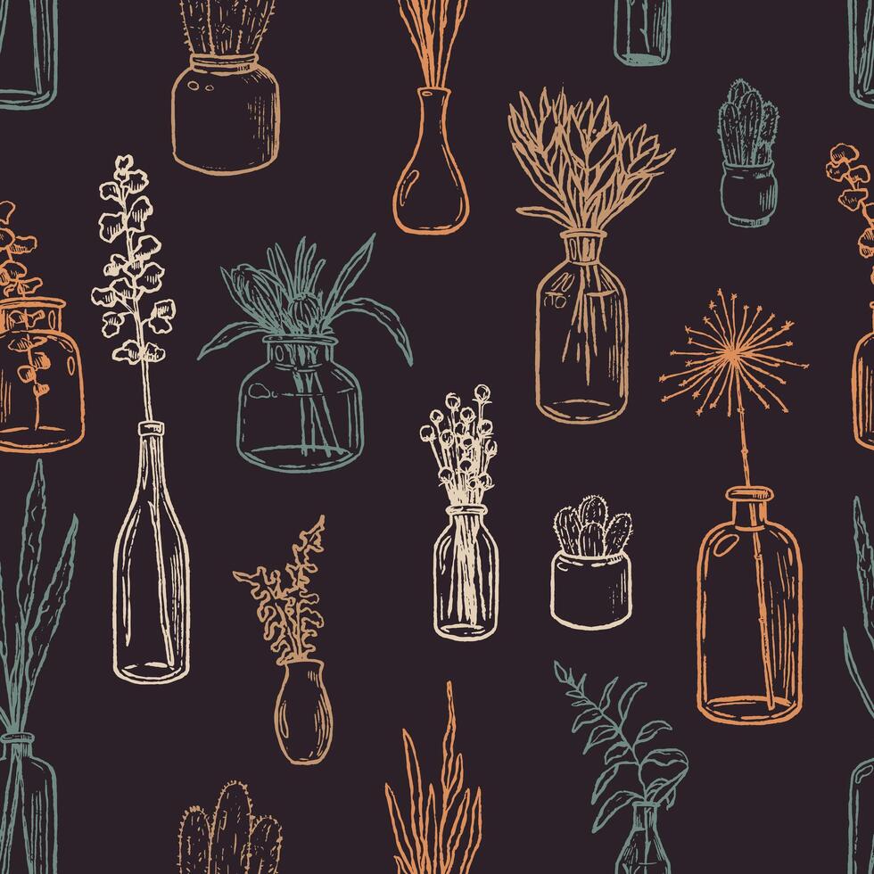 Hand drawn seamless pattern of vases, bottles, and jars of flowers and plants. Gentle floral ornament of vintage sketches. vector