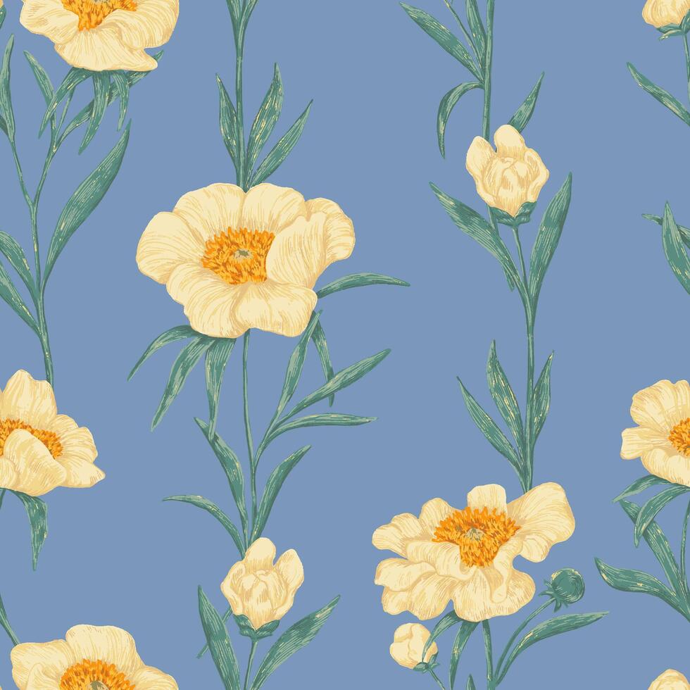 Peony Claire de Lune plants seamless pattern. Hand drawn illustration