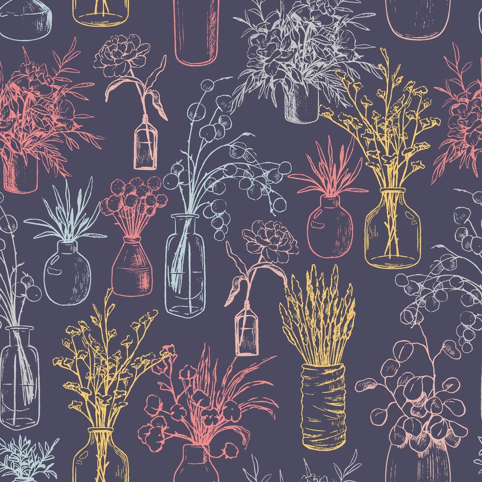 Hand drawn seamless pattern of vases, bottles, and jars of flowers and plants. Gentle floral ornament of vintage sketches. vector