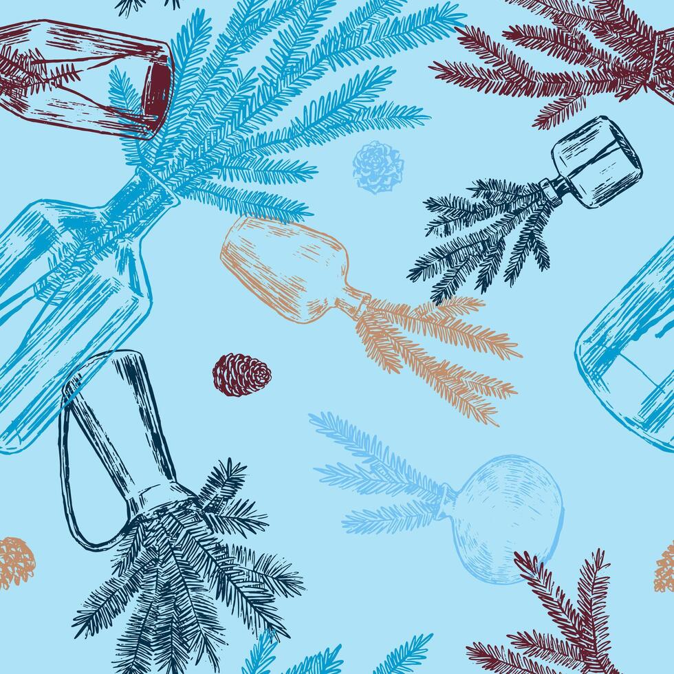 Ornament of jars with fir tree branches and cones. Christmas tree twigs in vases. Abstract seamless pattern. Retro style design. vector