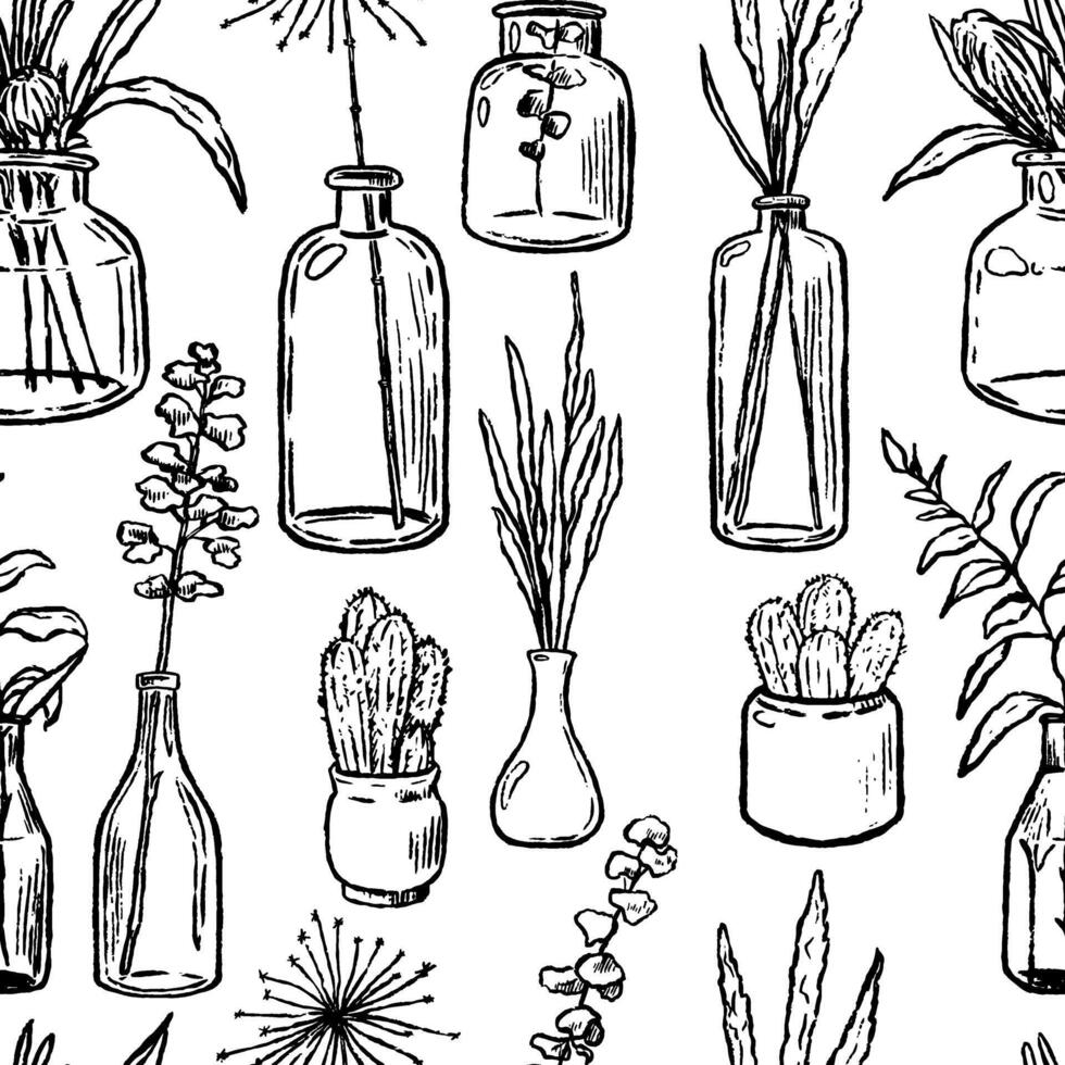 Graphic sketches of vases, bottles and jars of flowers and plants. Vintage seamless pattern. Hand drawn floral ornament vector