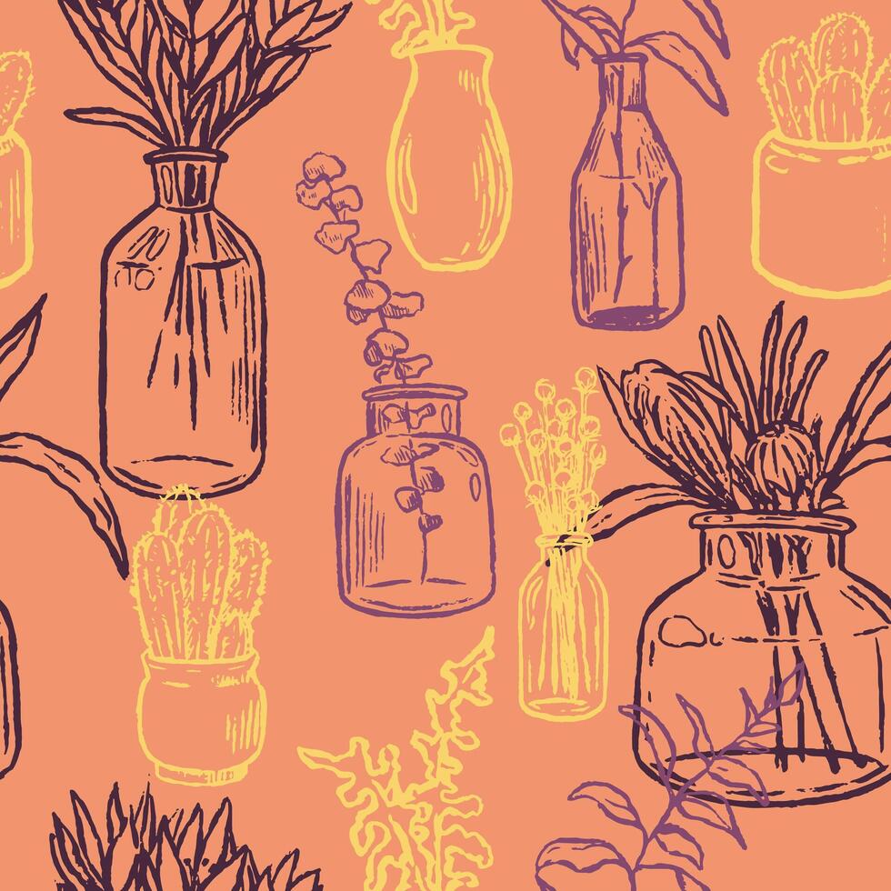 Hand drawn seamless pattern of vases, bottles, and jars of flowers and plants. Gentle floral ornament of vintage sketches. vector