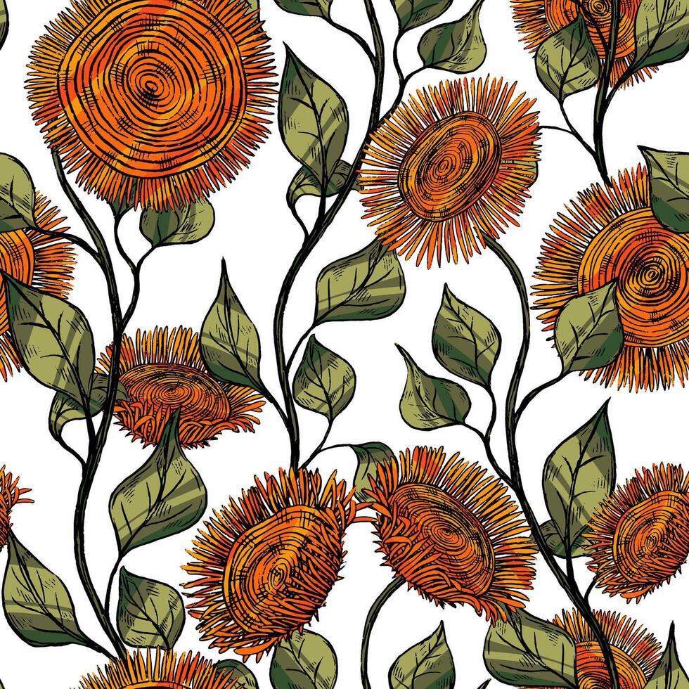 Stylized sunflowers ornament. Abstract hand drawn seamless pattern. Decorative floral background in vintage, boho style. vector