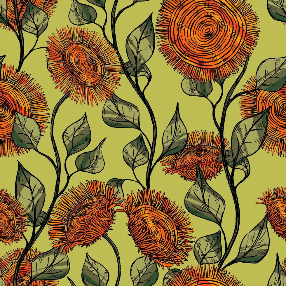 Stylized sunflowers ornament. Abstract hand drawn seamless pattern. Decorative floral background in vintage, boho style. vector
