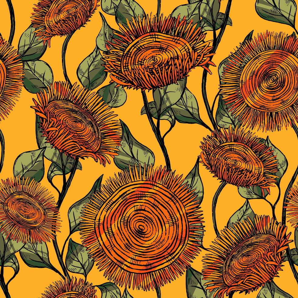 Stylized sunflowers ornament. Abstract hand drawn seamless pattern. Decorative floral background in vintage, boho style. vector