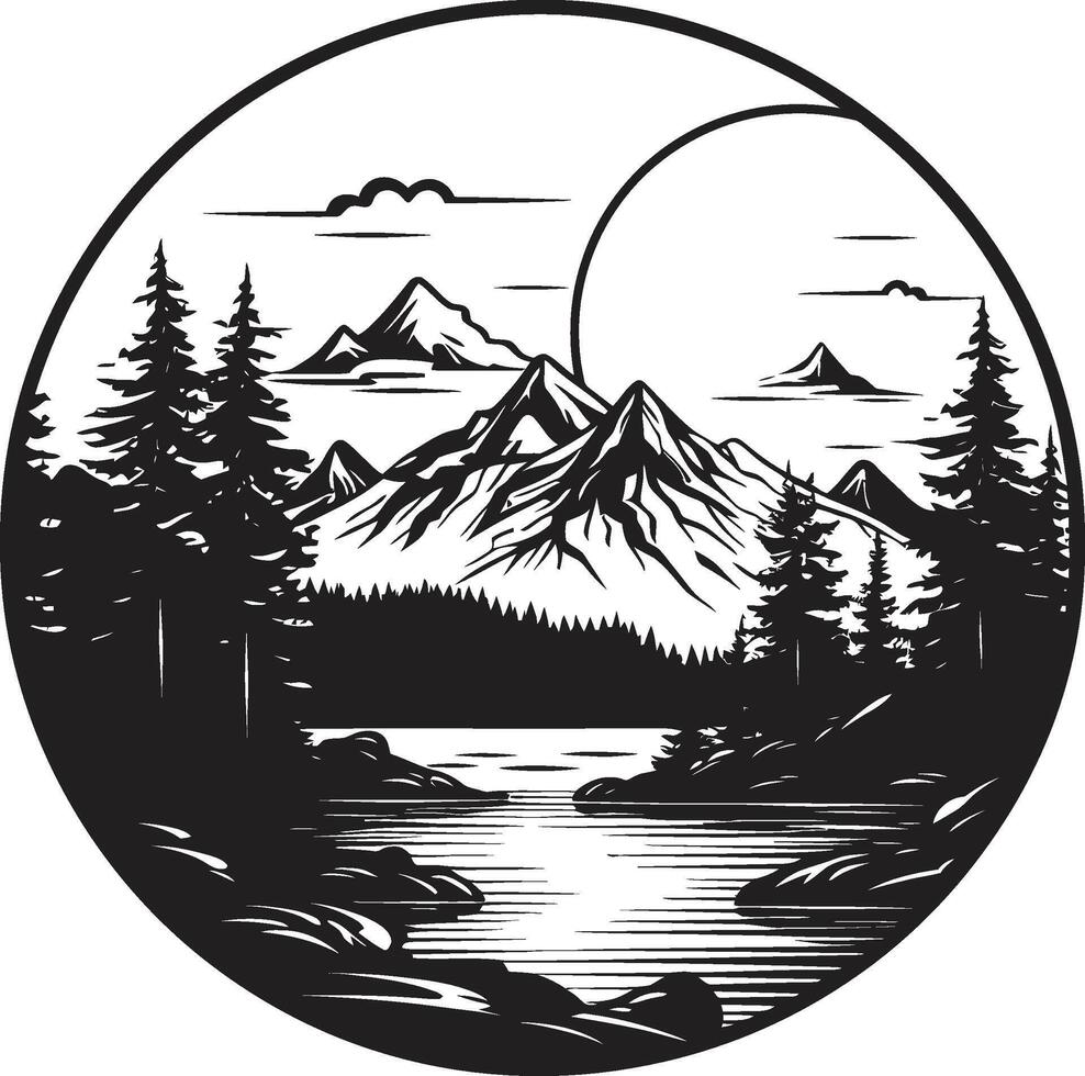 Twilight Timberline Mountain River Design in Black Midnight Mirage Black Landscape with River and Trees vector