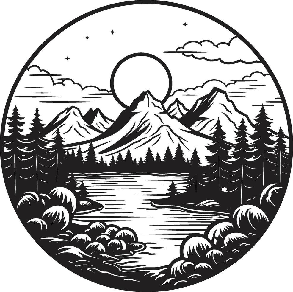 Midnight Mirage Black Landscape with River and Trees Shadowy Streamscape Mountain River in Black vector