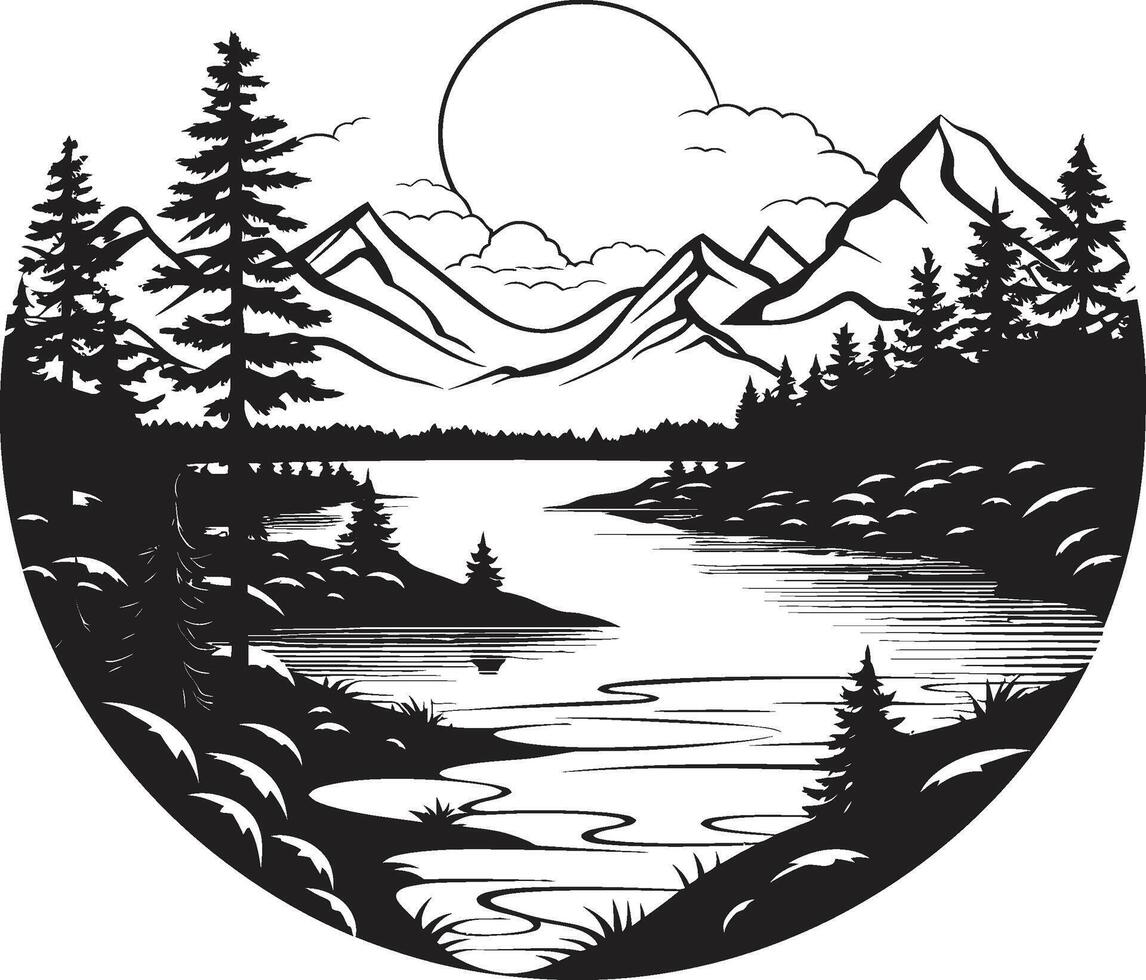 Ebony Expedition Landscape with River and Trees in Black Onyx Oasis Black Mountain River and Tree Scene vector