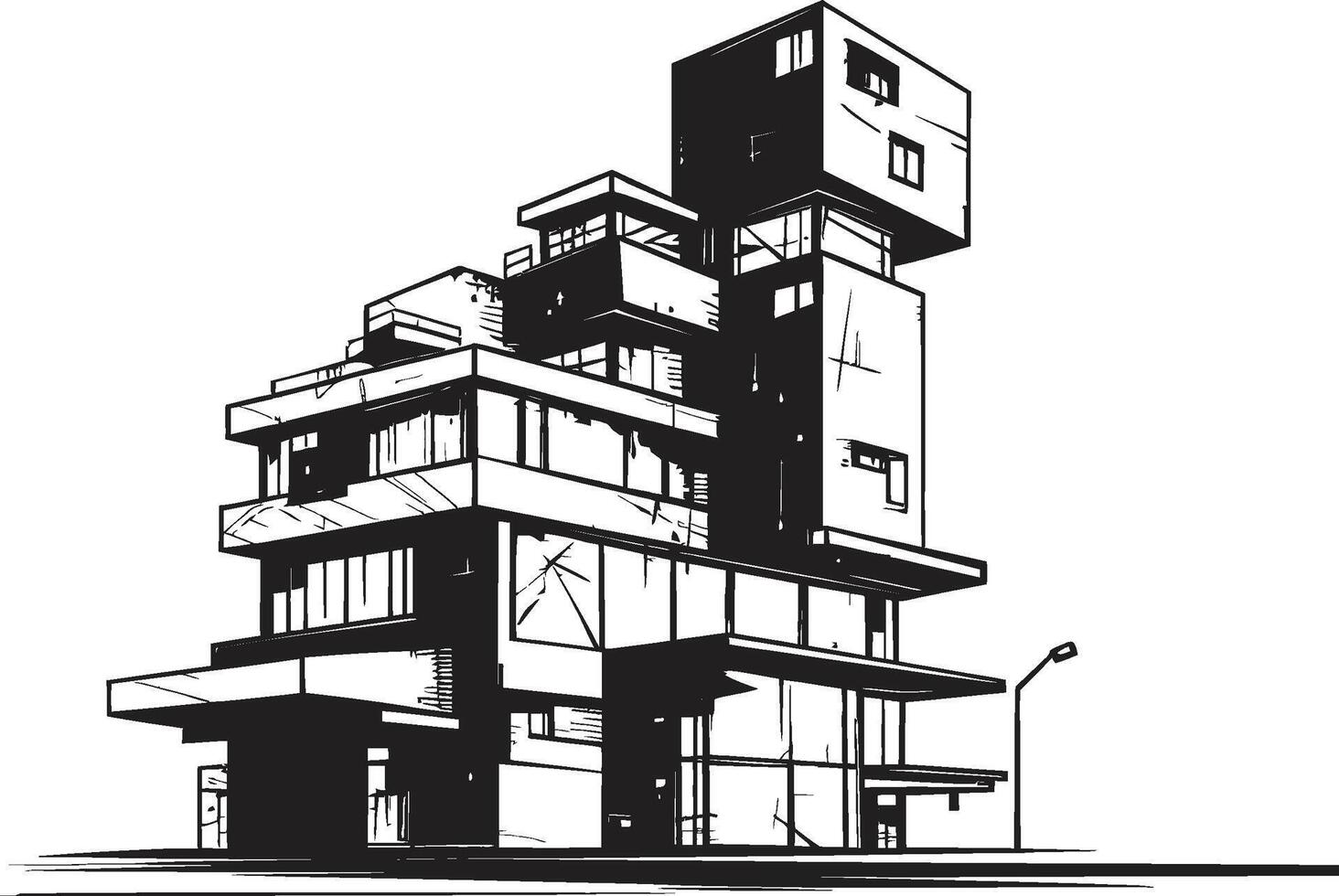 Ebony Commercial Concept Black Multifloor Structure Sketch Monochrome Office Block Outline Multifloor Building in Black vector
