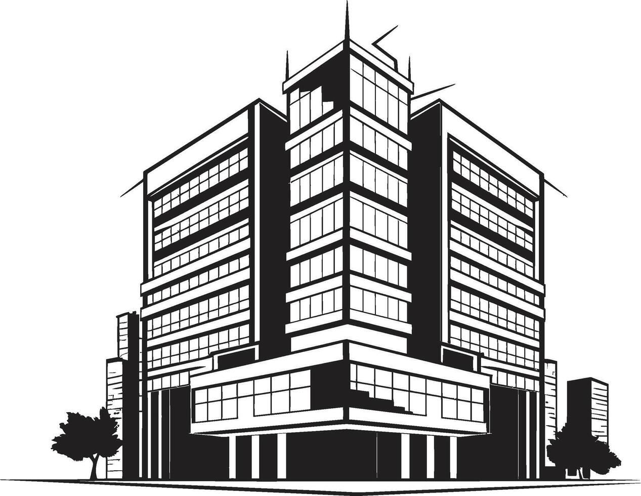 Monochrome Mixed Use Draft Black Multifloor Building Sketch Charcoal Residential Tower Silhouette Building in Black vector