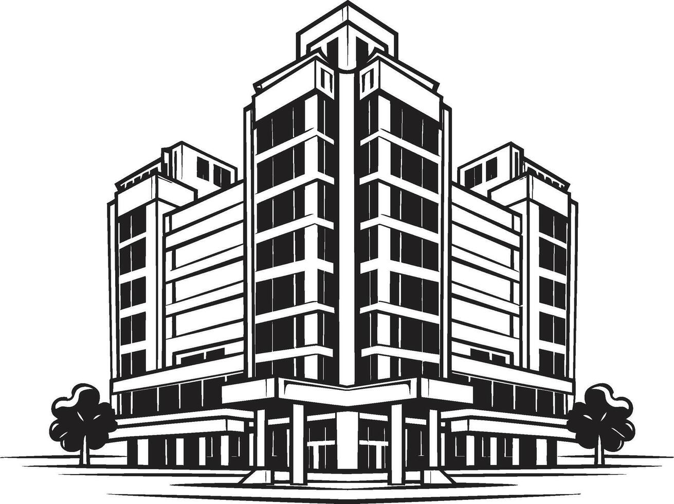 Blackened Commercial Concept Multifloor Building in Black Shadowy Office Block Outline Black Multifloor Building Sketch vector