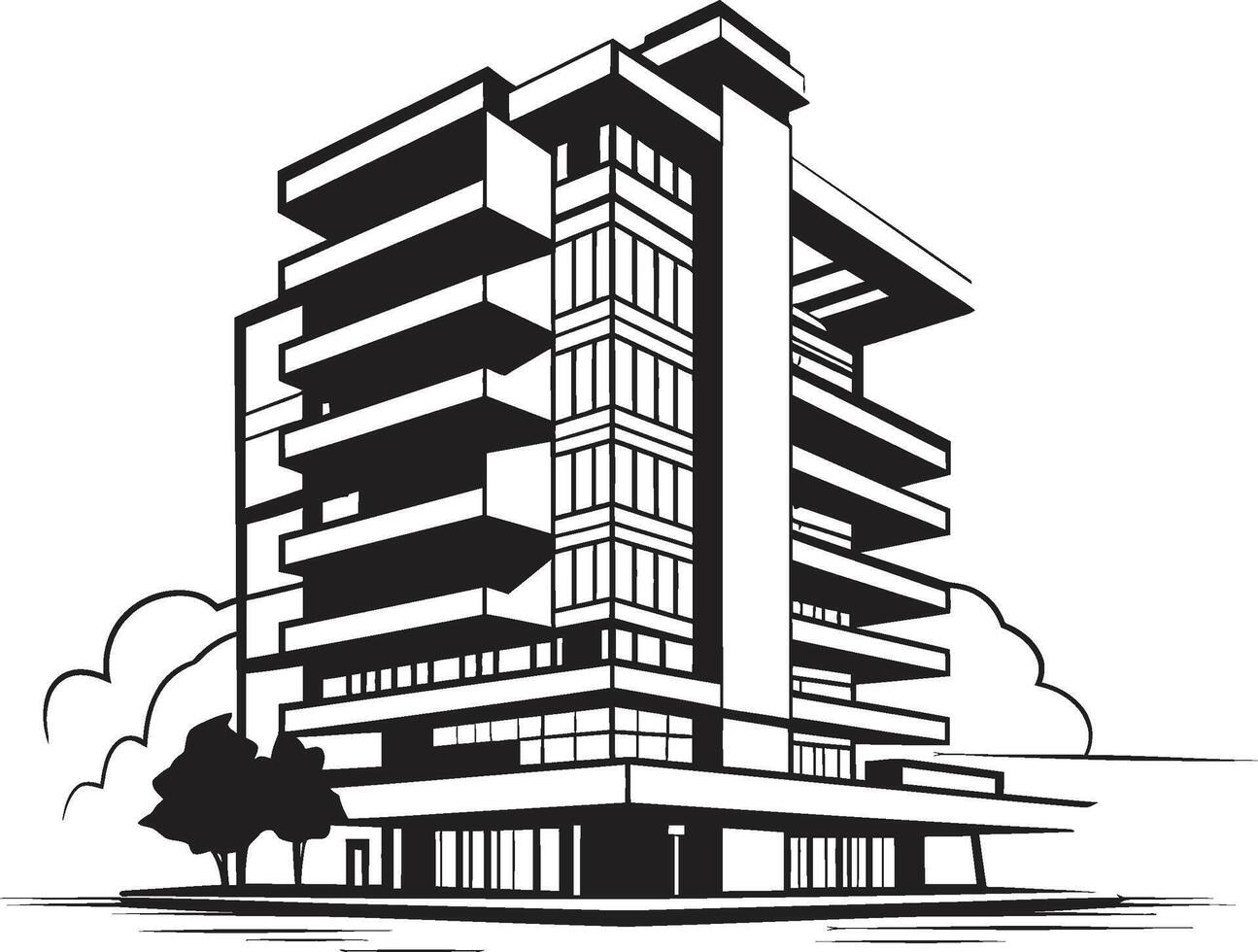 Monochrome Skyscraper Sketch Black Multifloor Building Icon Charcoal Mixed Use Outline Building in Black vector