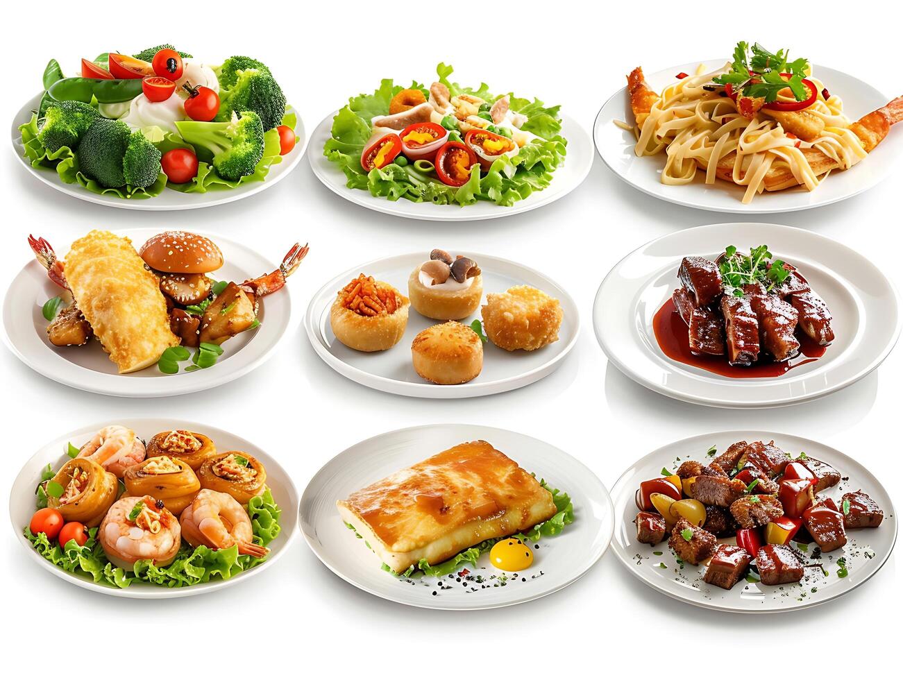 Various plates of food on a white background photo