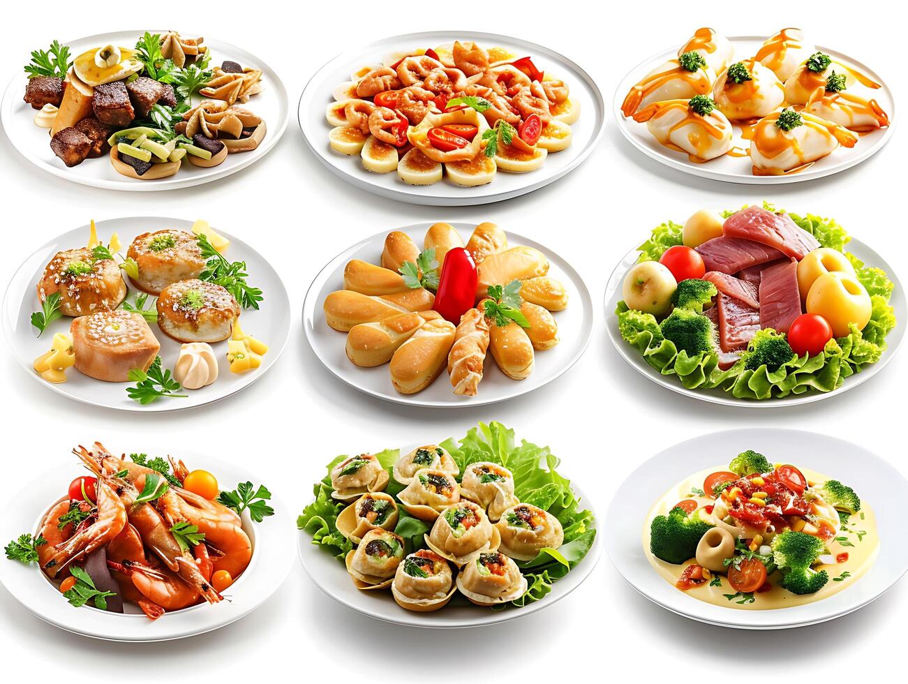 Various plates of food on a white background photo