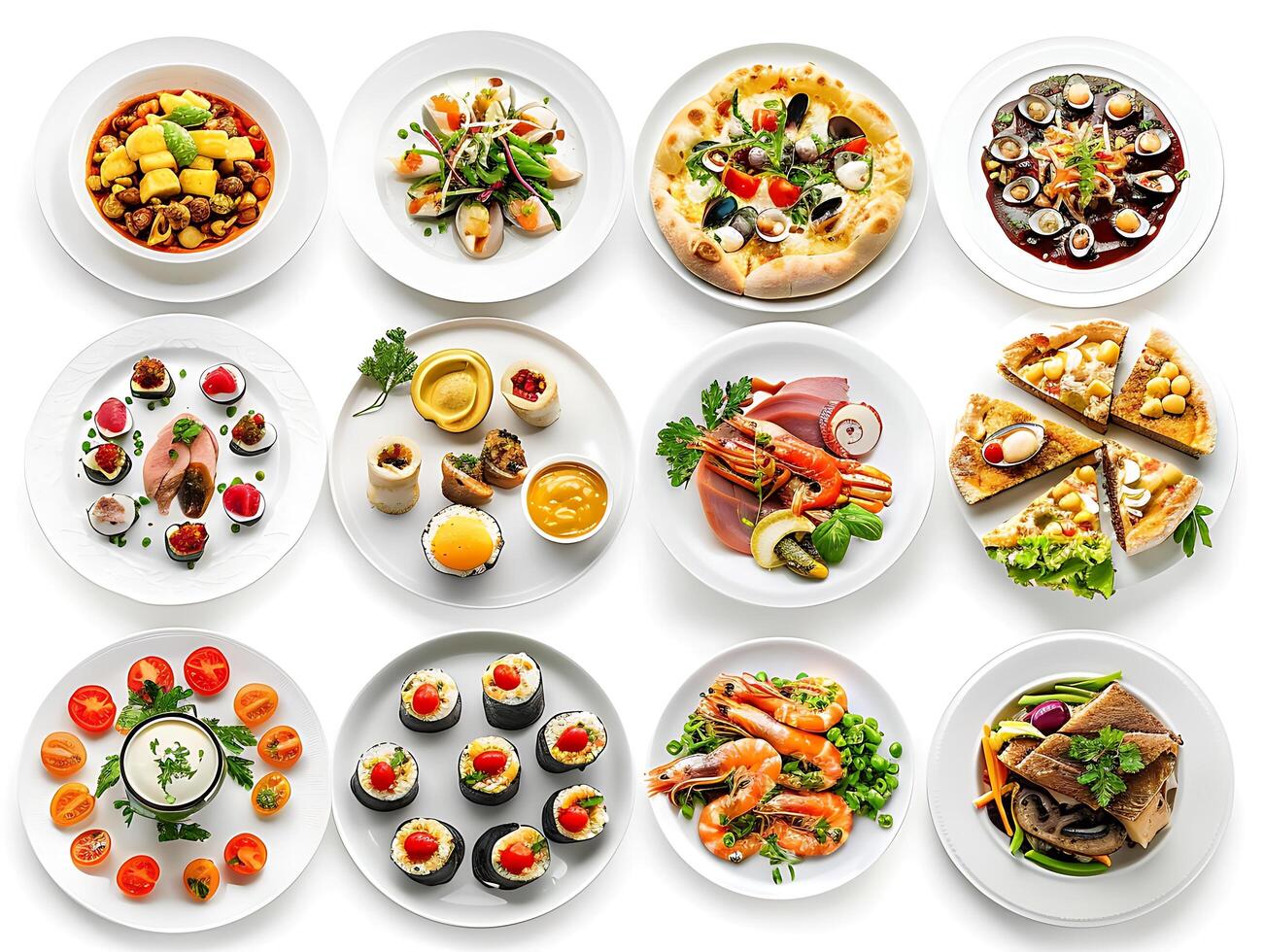 Various plates of food on a white background photo