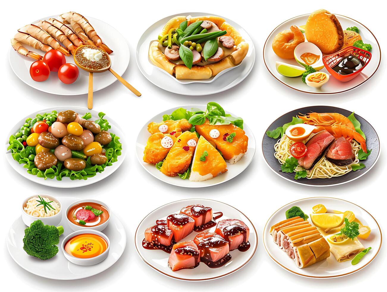 Various plates of food on a white background photo