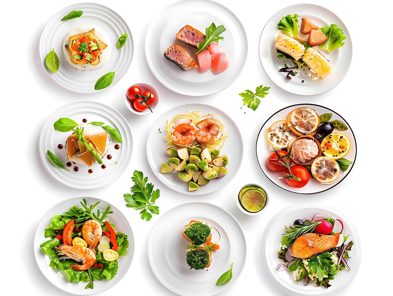 Various plates of food on a white background photo