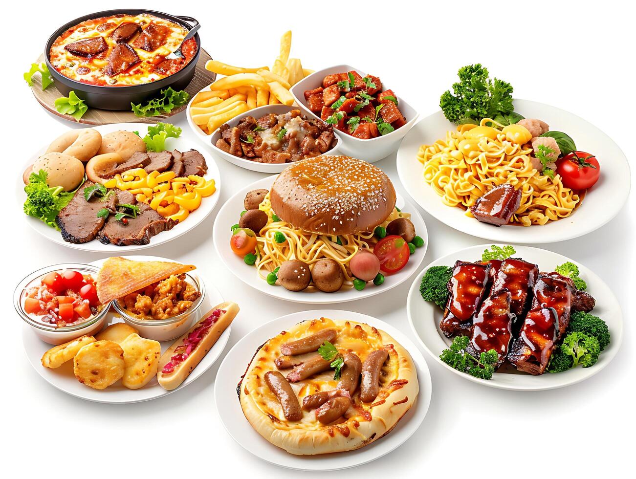 Various plates of food on a white background photo