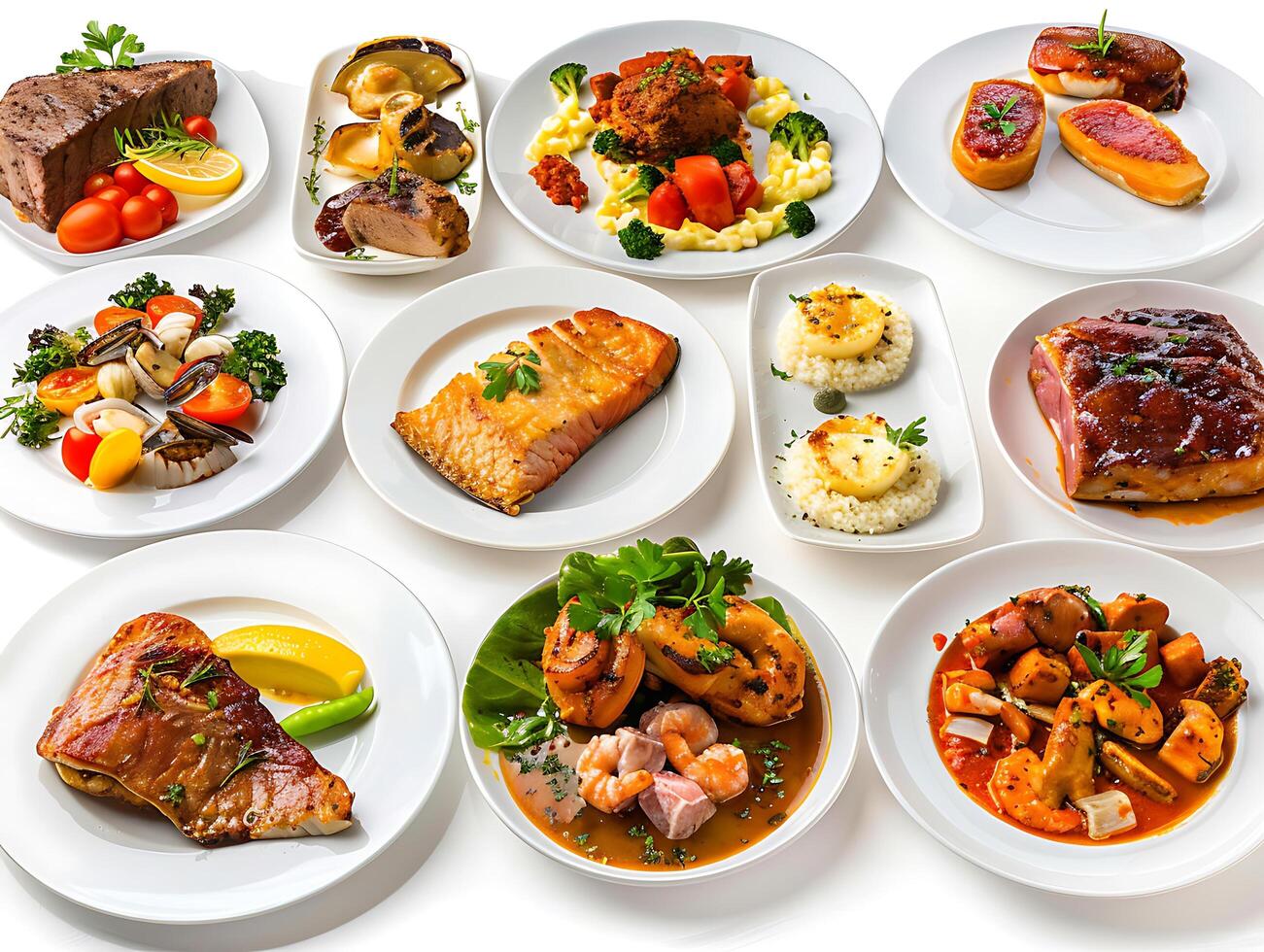 Various plates of food on a white background photo