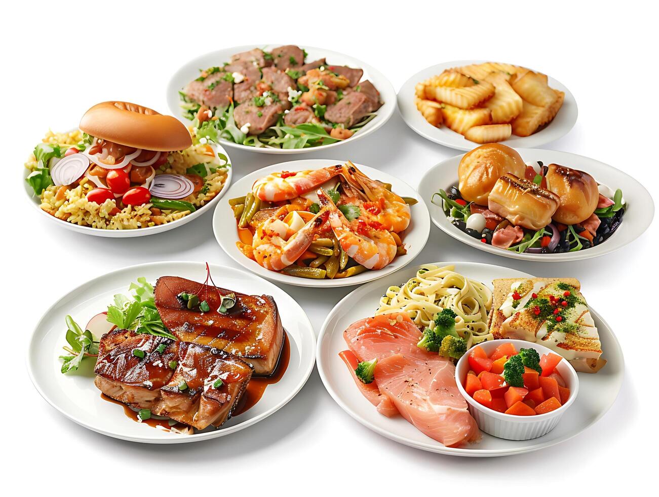 Various plates of food on a white background photo