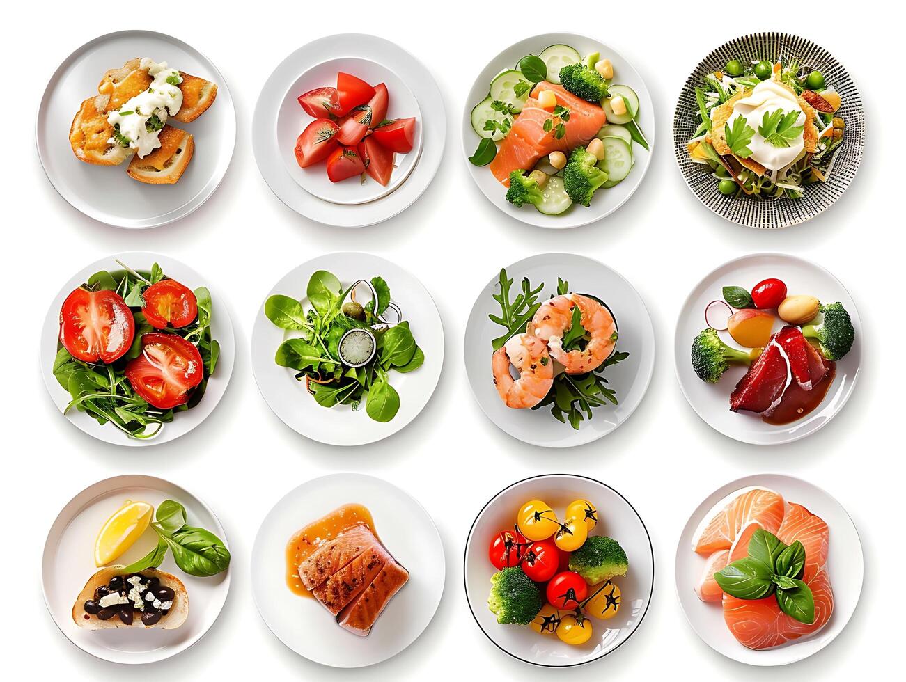 Various plates of food on a white background photo