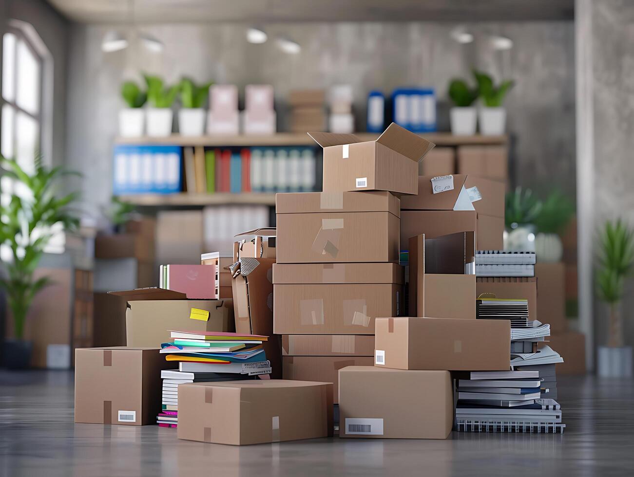 Stack of cardboard boxes with office supplies in high resolution photo