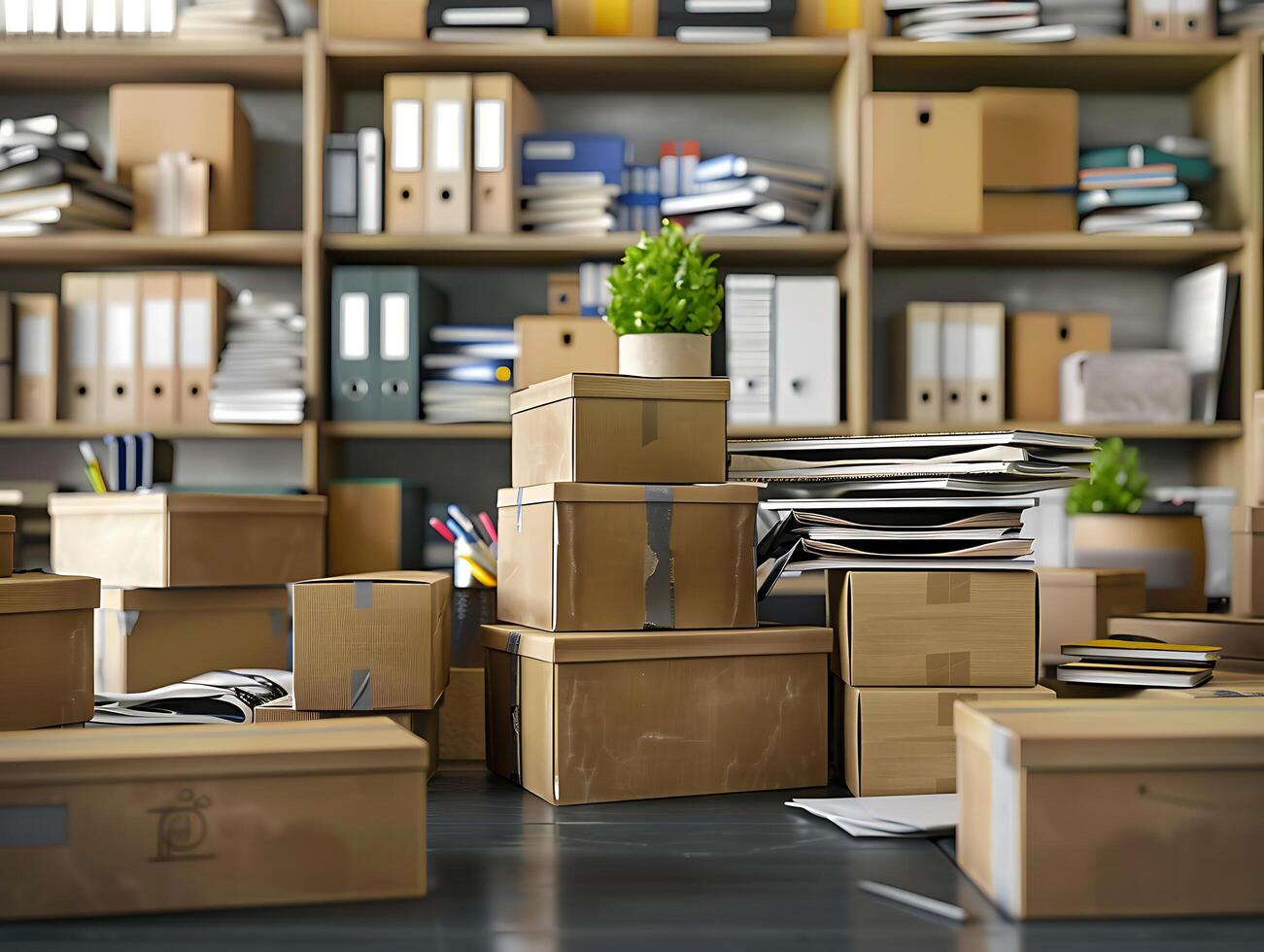 Stack of cardboard boxes with office supplies in high resolution photo
