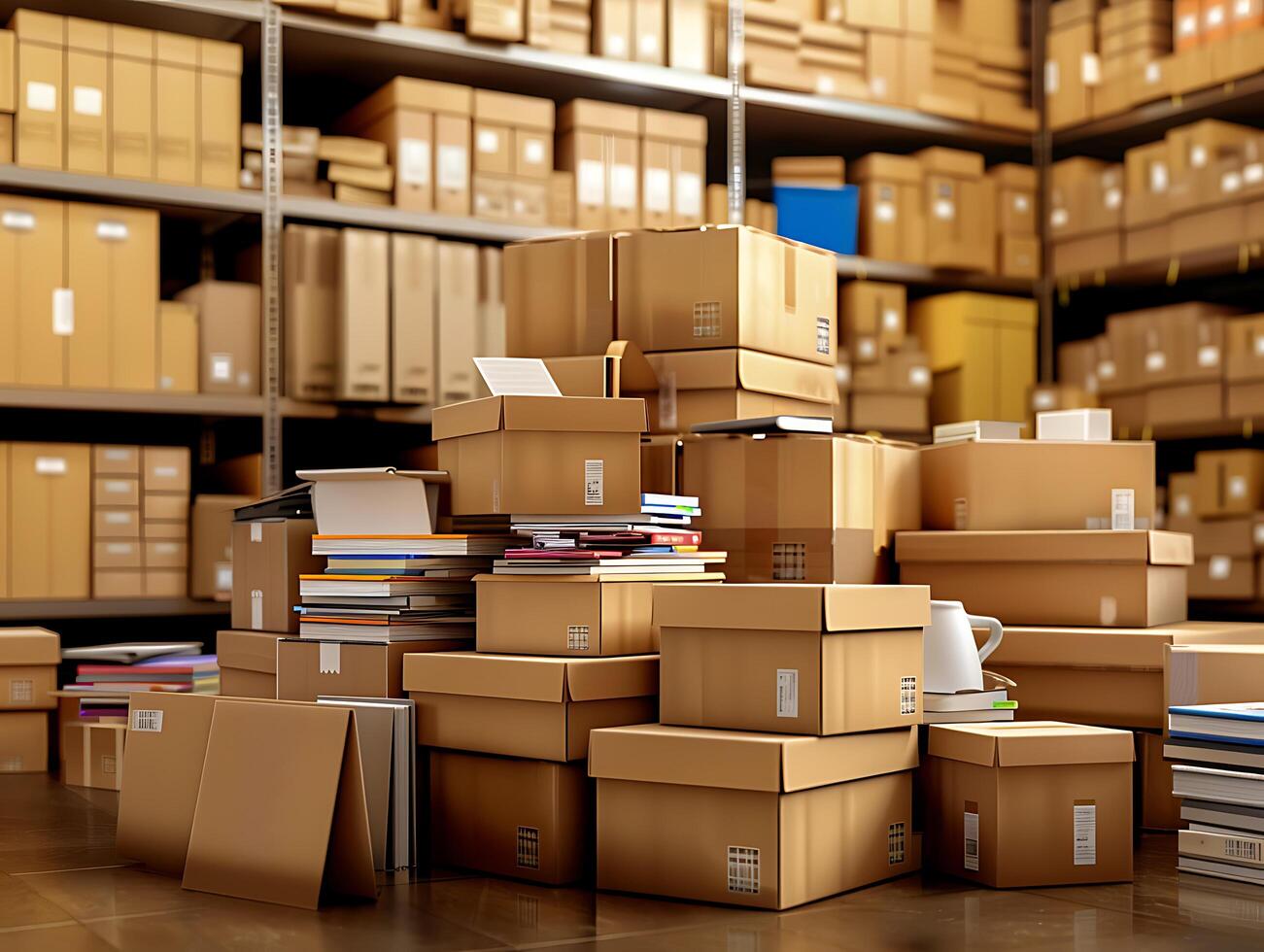 Stack of cardboard boxes with office supplies in high resolution photo
