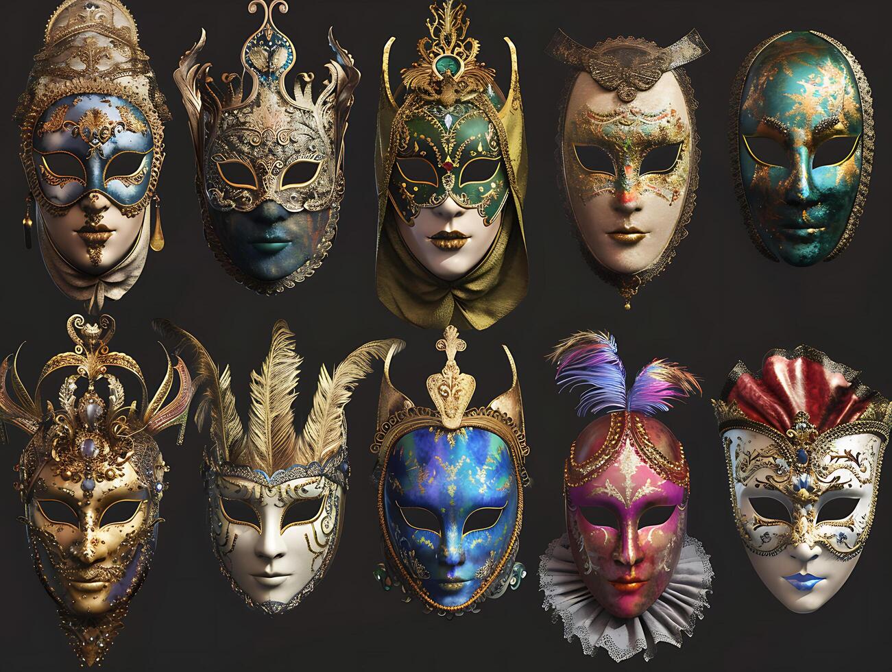 Set of Venetian opera carnival masquerade masks in high resolution photo