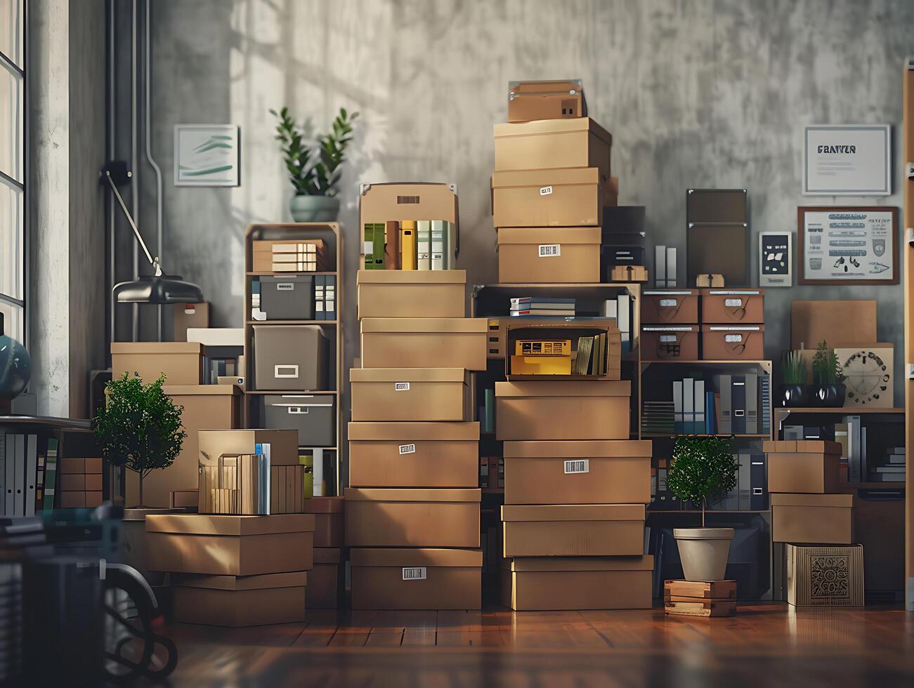 Stack of cardboard boxes with office supplies in high resolution photo