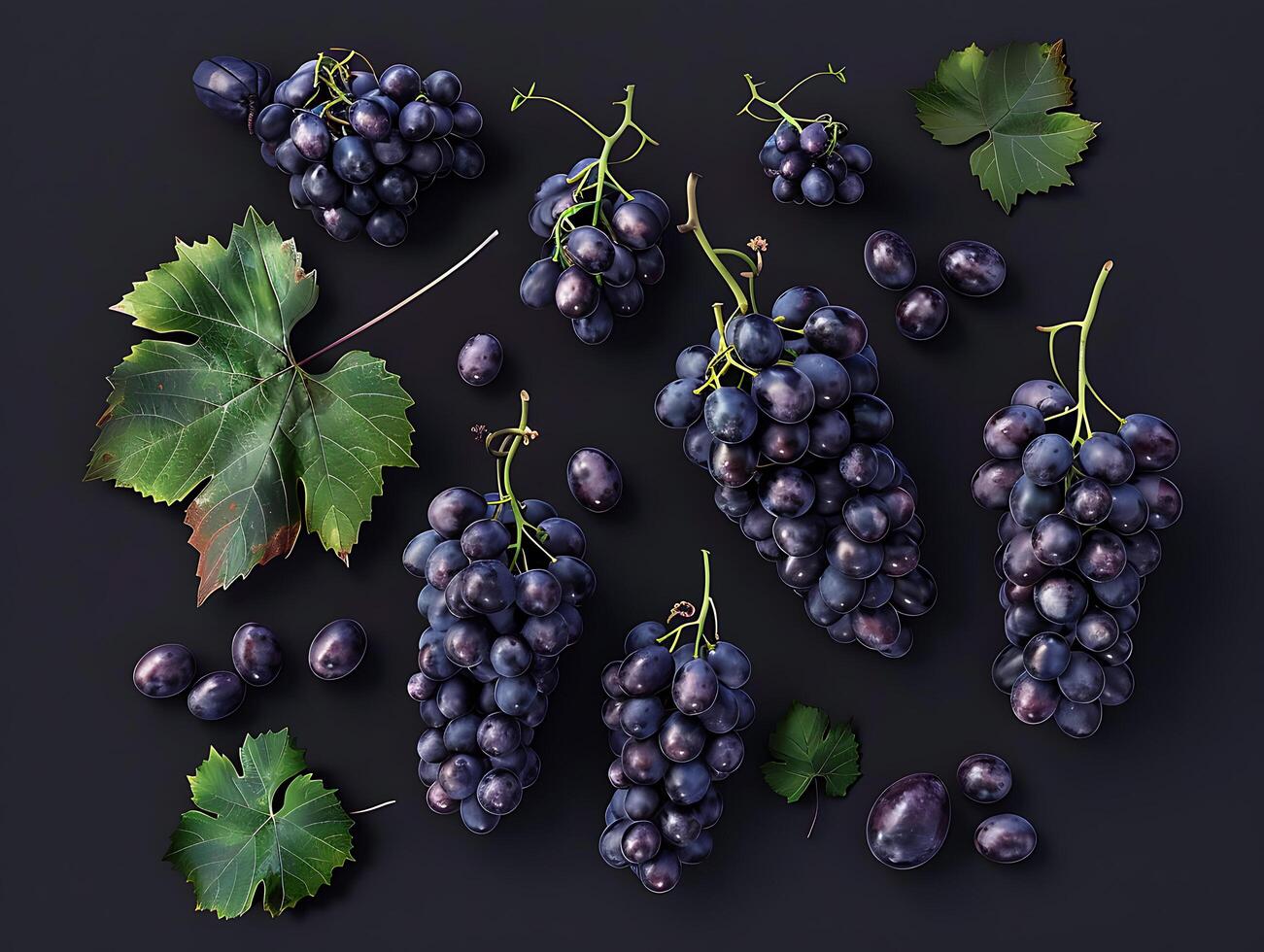Set of ripe grapes with leaves in high resolution photo