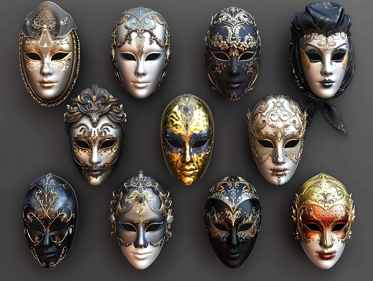 Set of Venetian opera carnival masquerade masks in high resolution photo