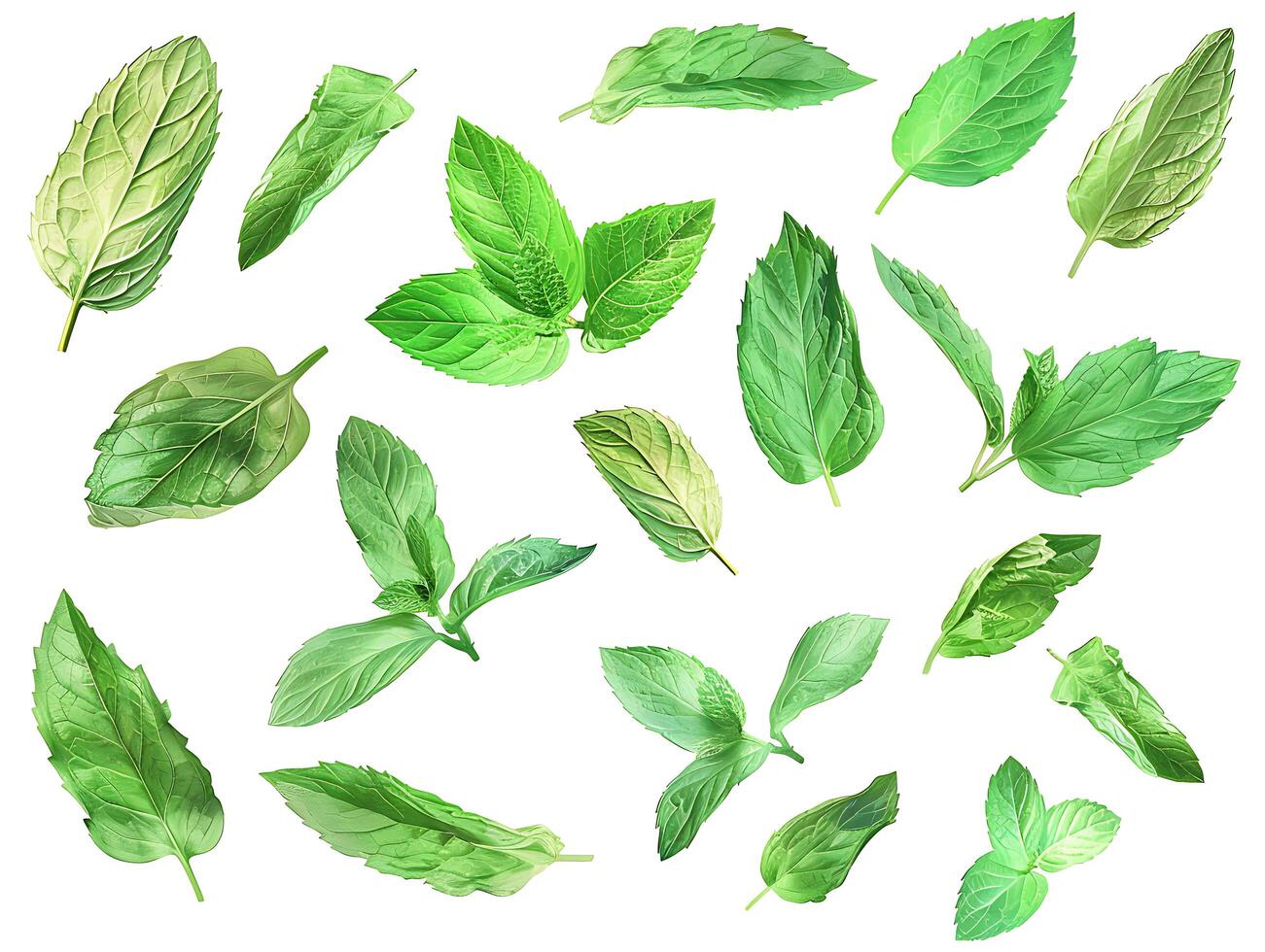 Set of fresh mint leaves against a white background in high resolution photo