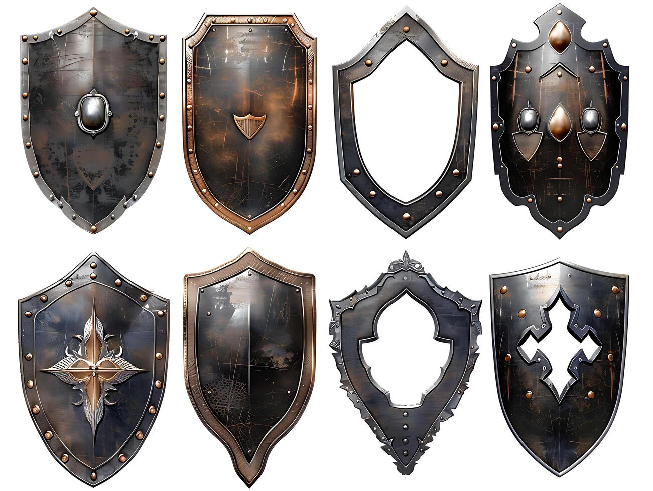 Set of shields for protection and security, cut out photo