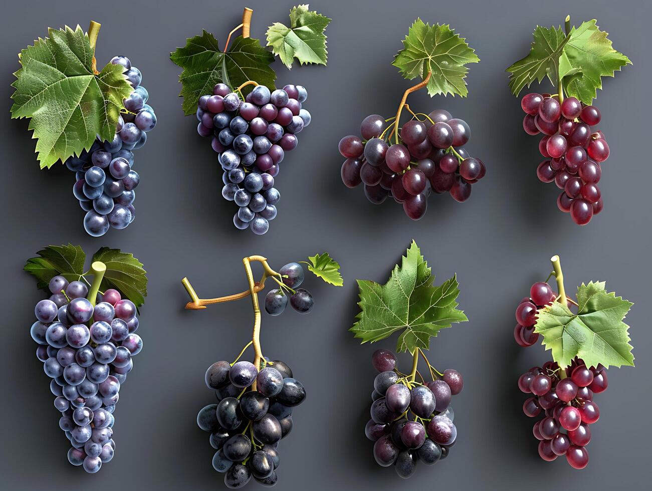 Set of ripe grapes with leaves in high resolution photo