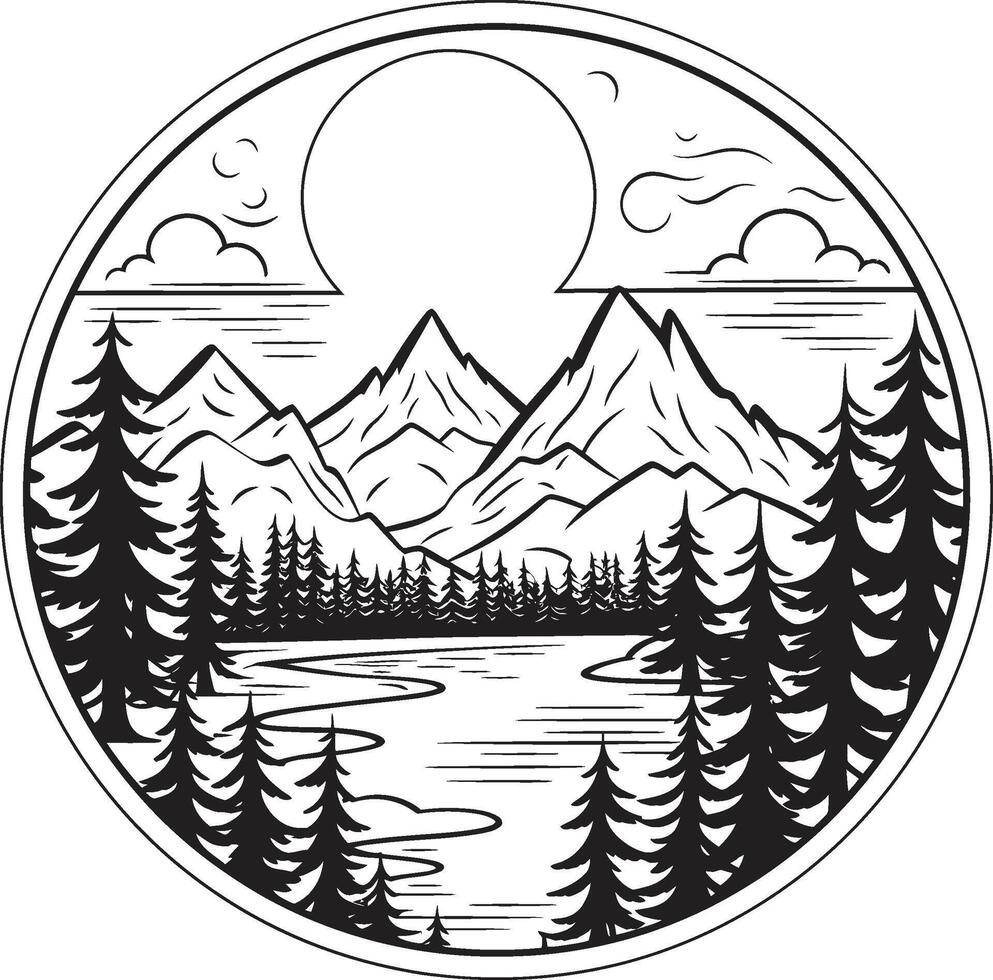 Silhouette Sanctuary Mountain River Design in Black Noir Architectural Vision Black Sketch of Multifloor Building vector