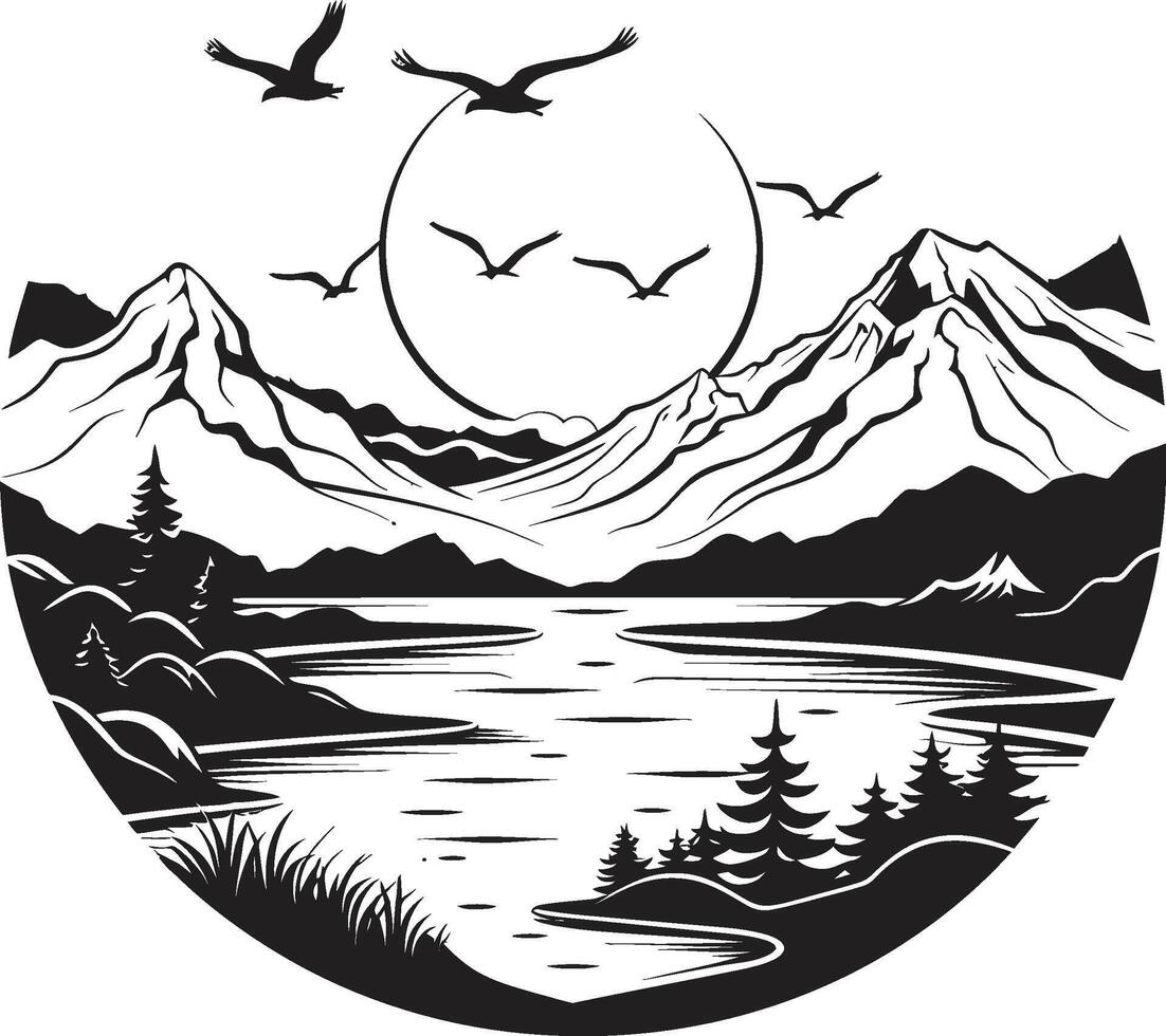 Noir Nature Vista Black Landscape with River and Trees Obsidian Outlook Mountain River Design in Black vector