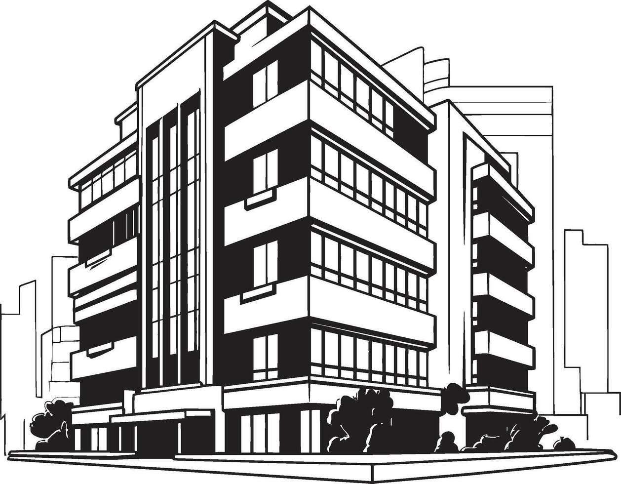 Noir High Rise Blueprint Building Design in Black Midnight Mixed Use Masterplan Black Multifloor Structure Icon vector