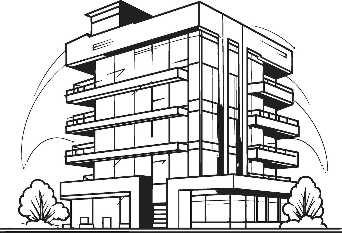 Blackened Residential Tower Sketch Multifloor Building in Black Shadowy Commercial Concept Black Multifloor Building Outline vector