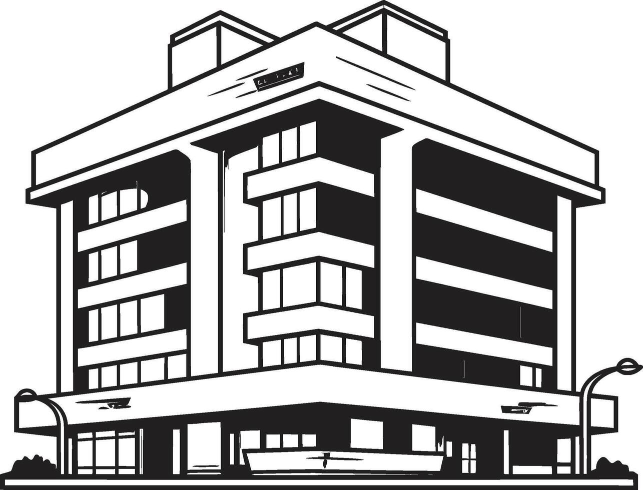 Ebony Corporate Complex Building Design in Black Charcoal Skyscraper Silhouette Black Multifloor Sketch vector