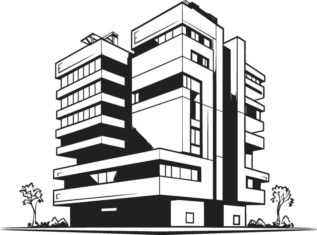 Blackened Residential Tower Black Multifloor Building Icon Shadowy Commercial Tower Building Sketch in Noir vector