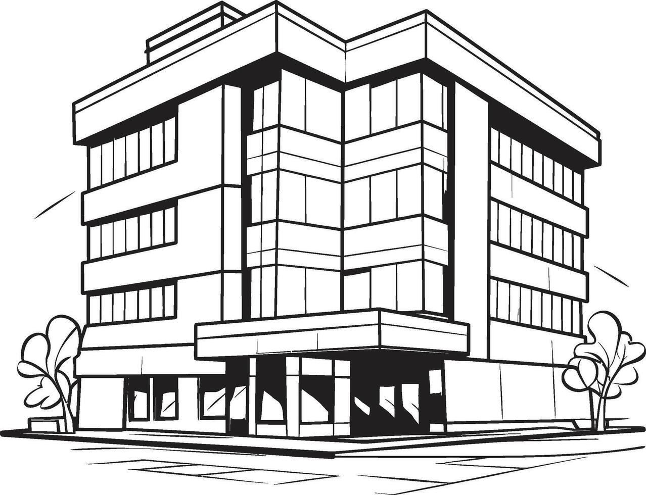 Noir Urban Development Sketch Black Multifloor Building Sketch Midnight Corporate Complex Building Design in Black vector
