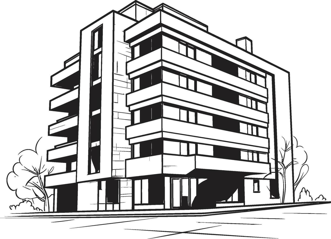 Monochrome Office Block Outline Black Multifloor Building Icon Charcoal Skyscraper Silhouette Building Sketch in Noir vector