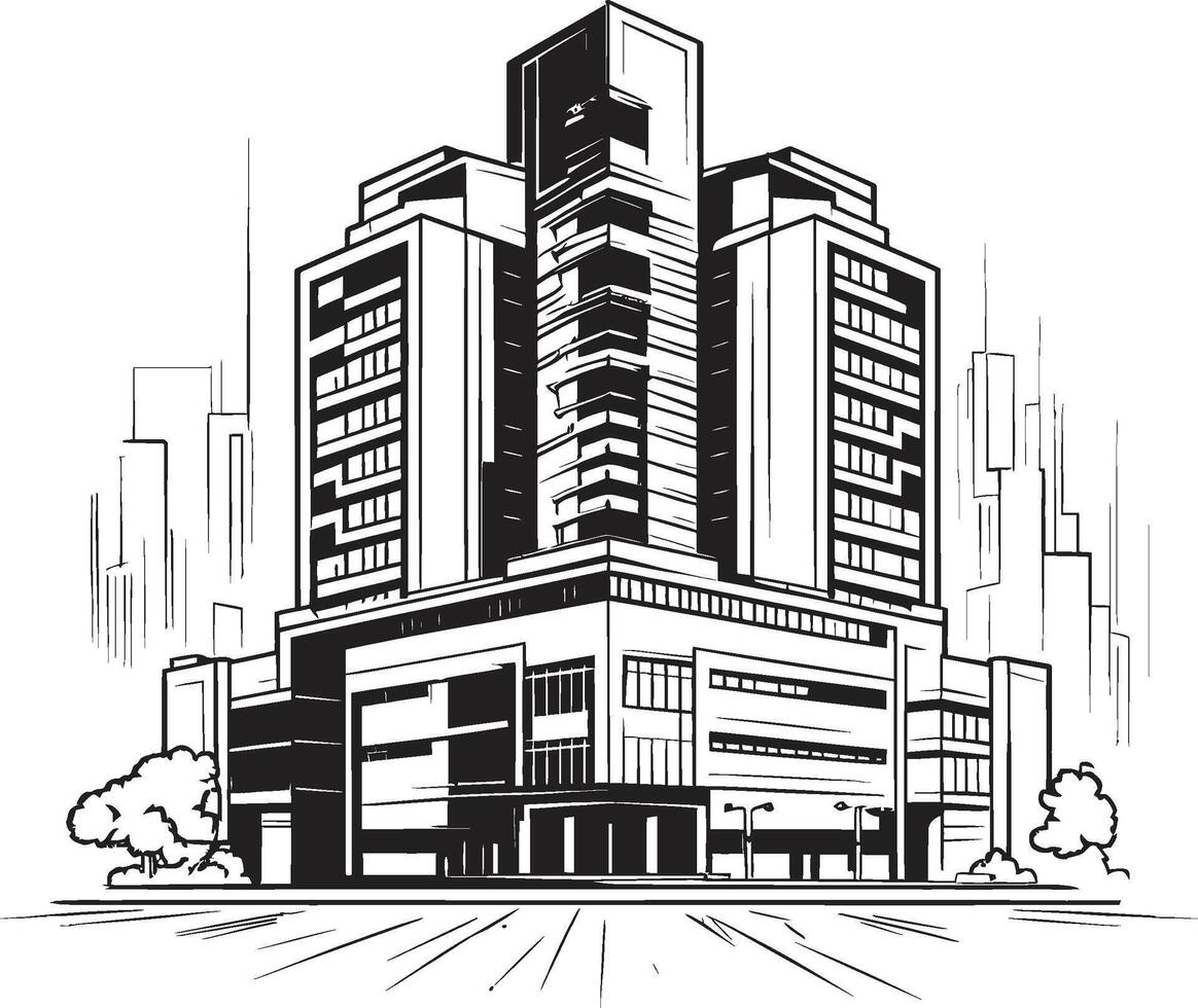 Monochrome Urban Skyline Building Design in Black Charcoal Apartment Complex Black Multifloor Building Icon vector