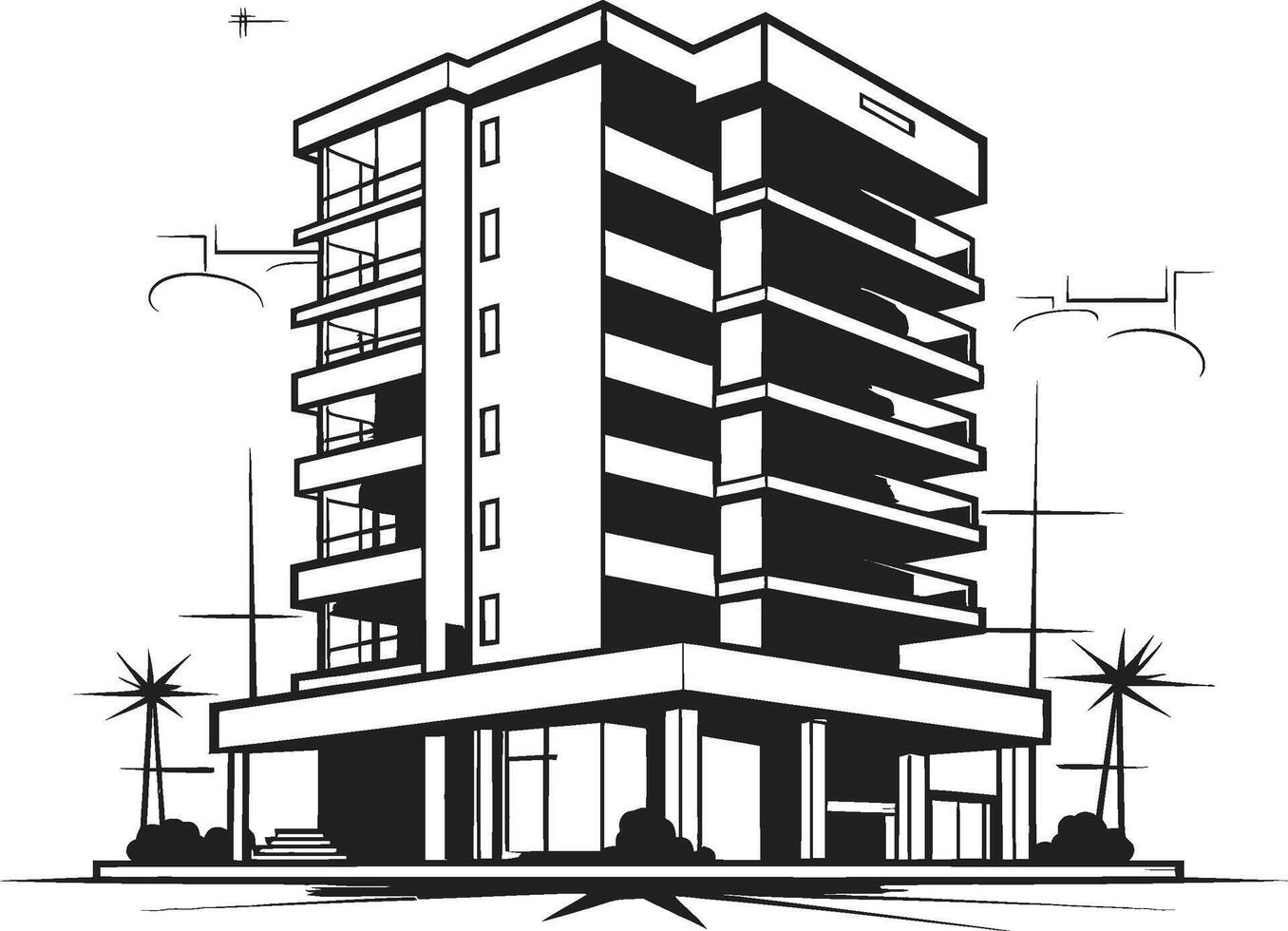 Ebony Urban Skyline Outline Black Multifloor Building Sketch Monochrome Skyscraper Silhouette Building Design in Black vector