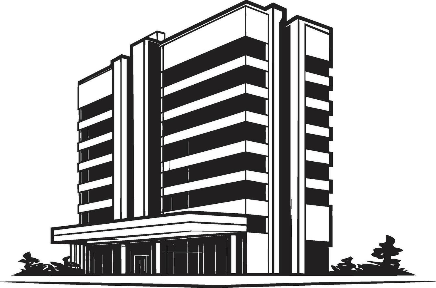 Noir Apartment Complex Draft Building Design in Black Midnight Mixed Use Sketch Black Multifloor Structure Icon vector