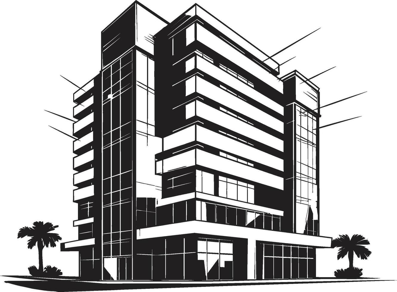 Darkened High Rise Sketch Building Icon in Black Ebony Office Tower Design Black Multifloor Building Sketch vector