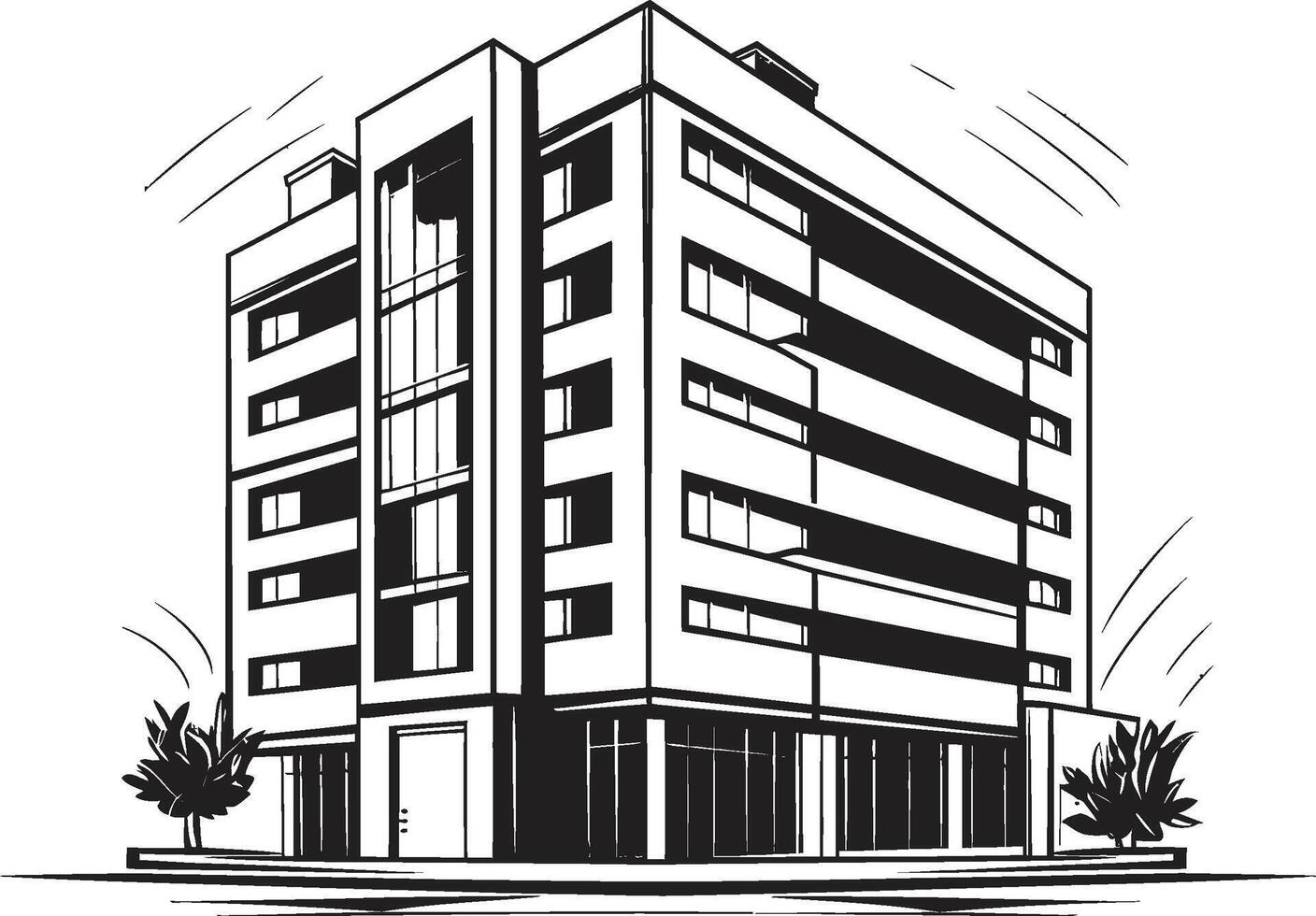 Ebony High Rise Design Black Multifloor Building Design Monochrome Mixed Use Silhouette Building Icon in Black vector