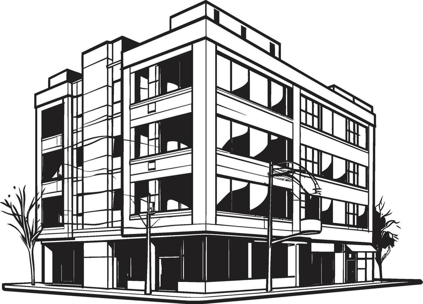 Noir Residential Concept Sketch in Black Midnight Apartment Complex Black Multifloor Building Design vector
